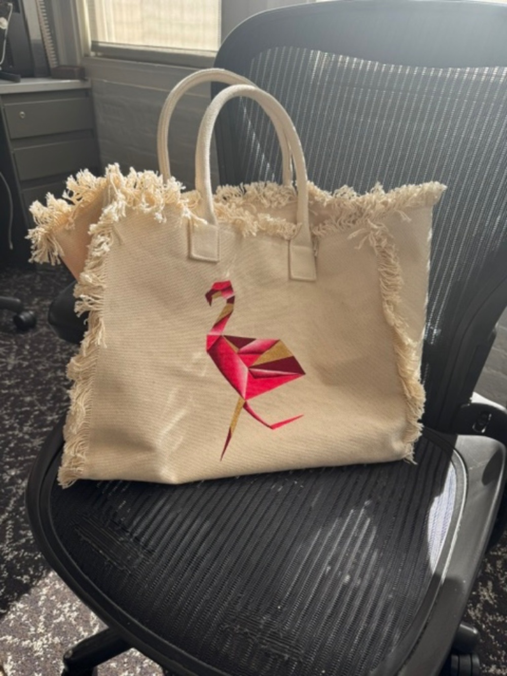 Resort Fringe Canvas Tote with Color Block Flamingo Design_OS